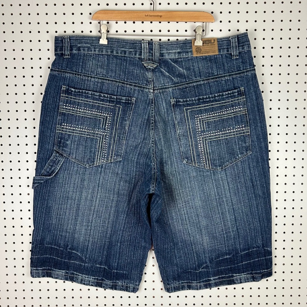 FUBU The Collection Sz 44 Denim Carpenter Shorts Blue Rhinestone Baggy Y2K Work